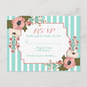 Cartão Postal De Convite Flores de Casamento com Listras Verde Menta RSVP F