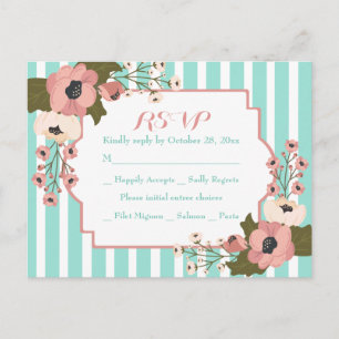 Cartão Postal De Convite Flores de Casamento Listras Verde Menta RSVP