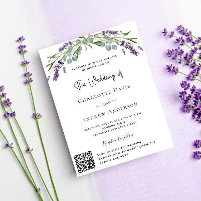 Cartão Postal De Convite Flores de lavanda violeta código QR casamento RSVP (Criador carregado)