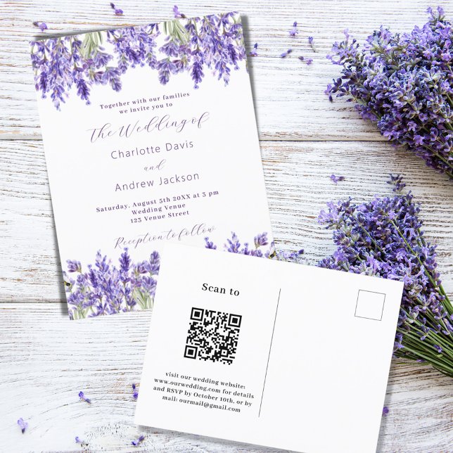 Cartão Postal De Convite Flores de lavanda violeta QR RSVP detalhes do casa (Criador carregado)