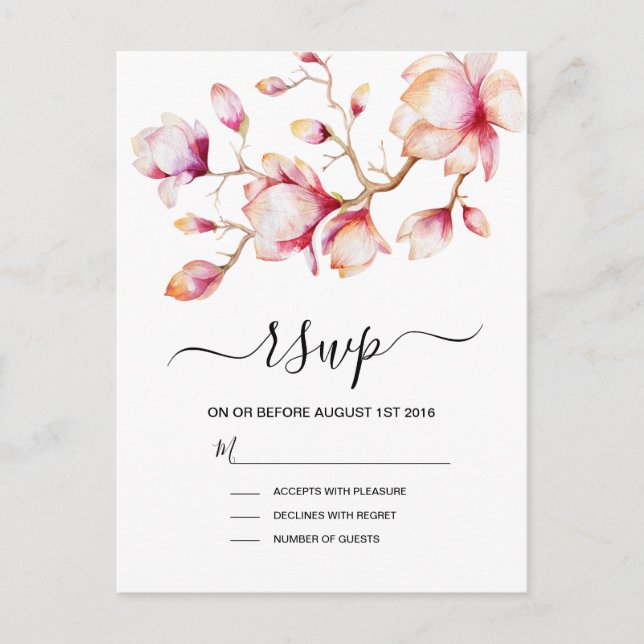 Cartão Postal De Convite Flores De Magnólia Rosa De Aquarela (Frente)