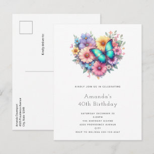 Cartão Postal De Convite Flores de Margarida com um Lindo Borboleta de Aniv