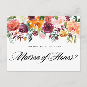 Cartão Postal De Convite Flores de Outono em Aquarela Seja Minha Dama de Ho