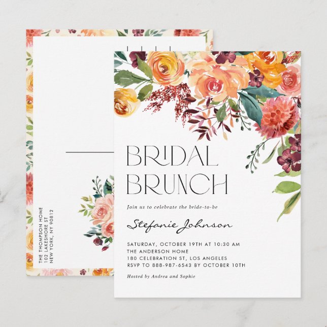 Cartão Postal De Convite Flores de Outono Rústicas em Aquarela para Brunch  (Frente/Verso)