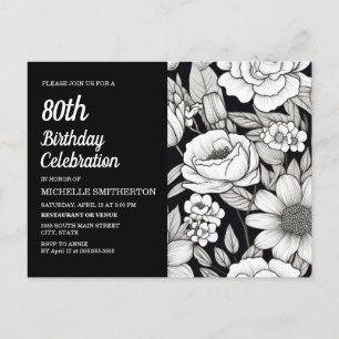 Cartão Postal De Convite Flores Preto e Branco 80º Aniversário