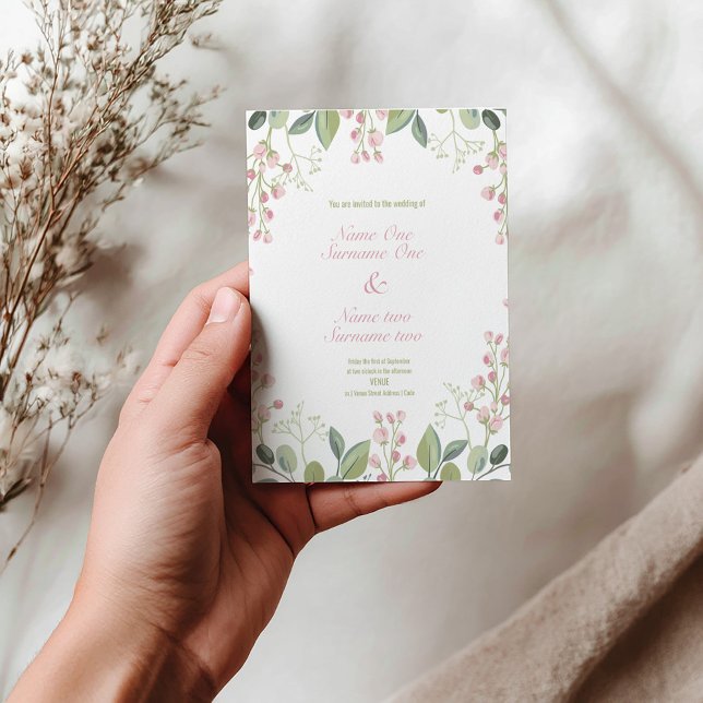 Cartão Postal De Convite Flores rosa e verde (Bright beautiful modern wedding invitation with pink and green flowers and elegant pink script.)