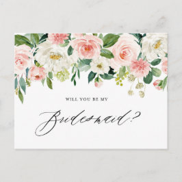 Cartão Postal De Convite Flores Rosa em Aquarela Você Será Minha Dama de Ho