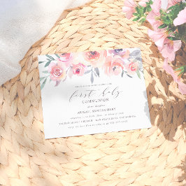 Cartão Postal De Convite Flores Rosa Esmagadas Elegantes Primeira Comunhão 