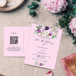 Cartão Postal De Convite Flores roxas cor-de-rosa Detalhes do código QR Cas