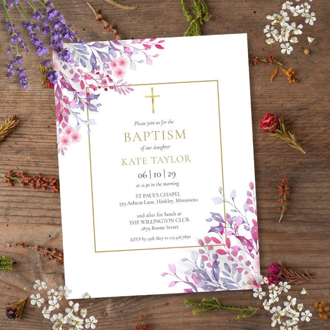 Cartão Postal De Convite Flores Silvestres Floral Dourado Batismo Batizado (Wildflowers Floral Gold Baptism Christening Invitation Postcard)