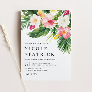 Cartão Postal De Convite Flores Tropicais de Aquarela e Casamento Verde
