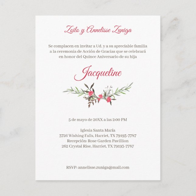 Cartão Postal De Convite Flores y Ramas Rojas para Quinceañera (Frente)