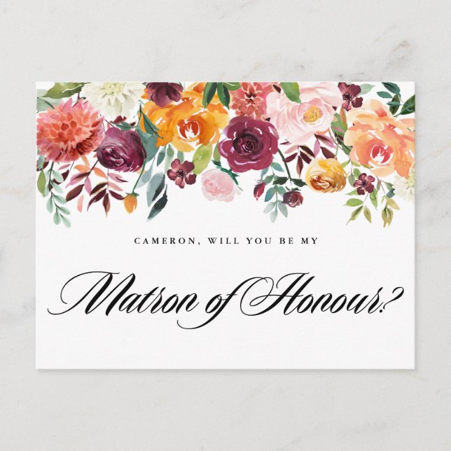 Cartão Postal De Convite Florescer de Outono em Aquarela Seja Minha Dama de (Frente)