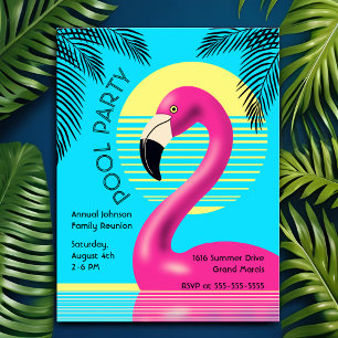 Cartão Postal De Convite Flutuador de Flamingo para Festa na Piscina Verão 