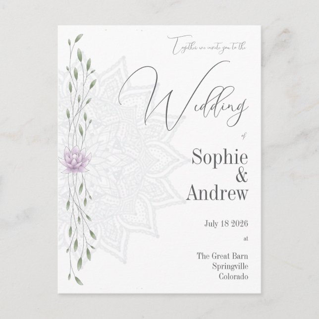Cartão Postal De Convite Folha de Casamento e Lotus Rosa com Mandala (Frente)