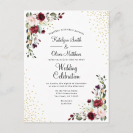 Cartão Postal De Convite Folha de Ouro Floral de Burgundy Casamento por Aqu