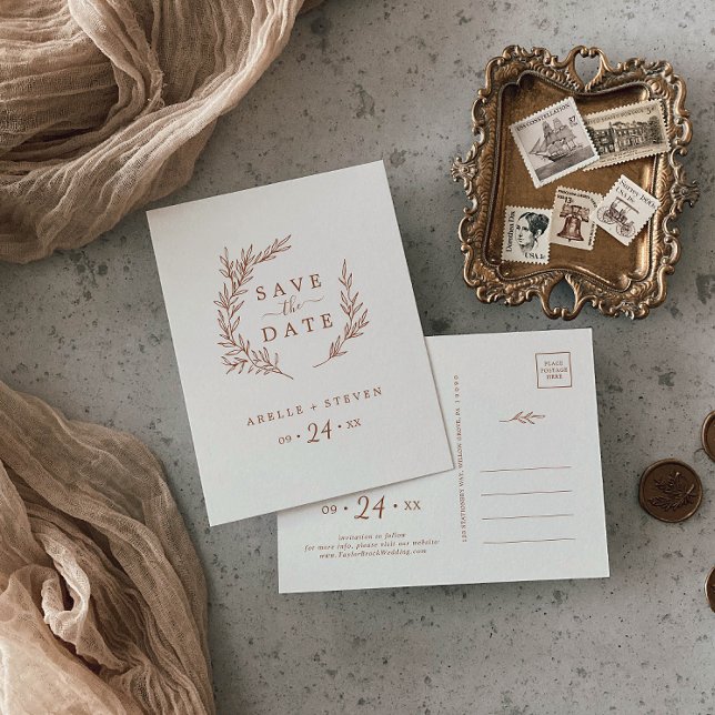 Cartão Postal De Convite Folha mínima | Boho Cream Salvar a Data (Criador carregado)