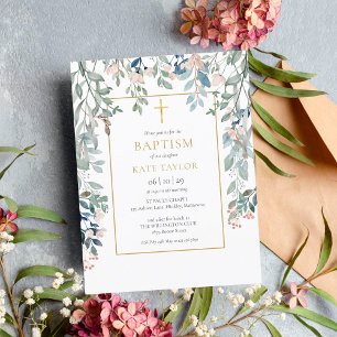 Cartão Postal De Convite Folhagem Floral Cruz Dourada Batismo Crisma