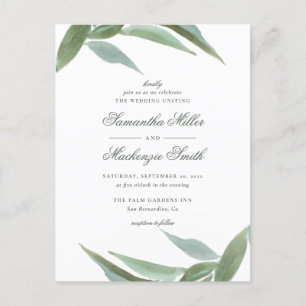 Cartão Postal De Convite Folhas botânicas da aguarela verde que Wedding