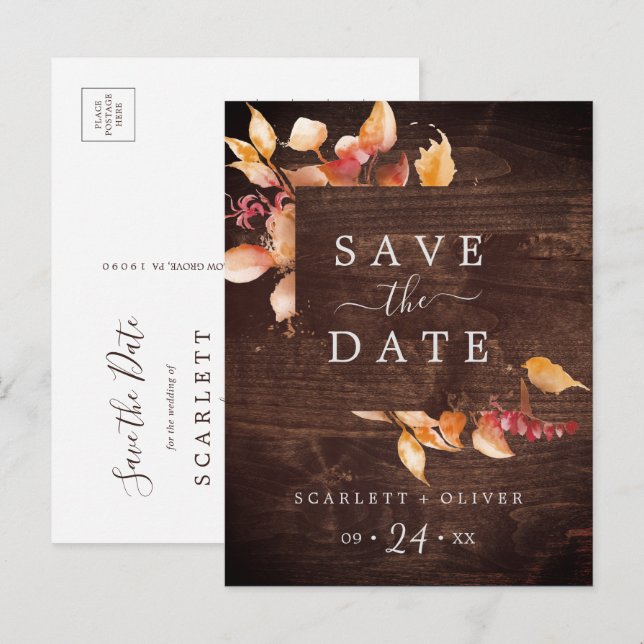 Cartão Postal De Convite Folhas de outono | Rústica Madeira Salva cartão po (Frente/Verso)