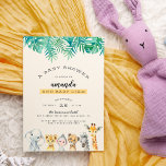 Cartão Postal De Convite Folhas de Palma e Animais Selvagens Chá de fraldas<br><div class="desc">Convide seus amigos e família para este dia especial com este design tropical. Este convite apresenta as folhas de aquarela e monstera ao longo da parte superior da carta e um elefante desenhado à mão, leão, macaco, gueba, zebra e girafa ao longo do fundo. Seus detalhes de chá personalizados aparecem...</div>
