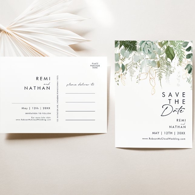 Cartão Postal De Convite Folhas e Folha de Ouro Script Salve a Data (Criador carregado)