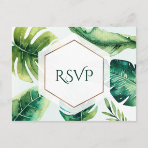 Cartão Postal De Convite Folhas Tropicais Verdes Branco RSVP de Casamento E