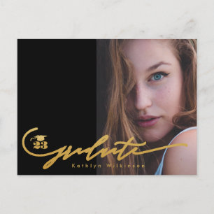 Cartão Postal De Convite Formando de Foto Mínima Preta Dourada Moderna