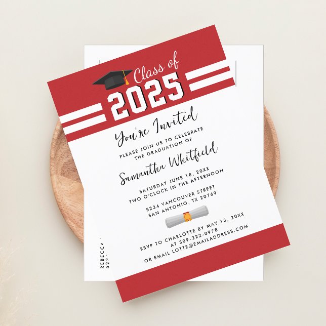 Cartão Postal De Convite Formando Vermelho Branco Classe de Graduação 2025 (2025 Graduation Party Red White Invitation Postcard)