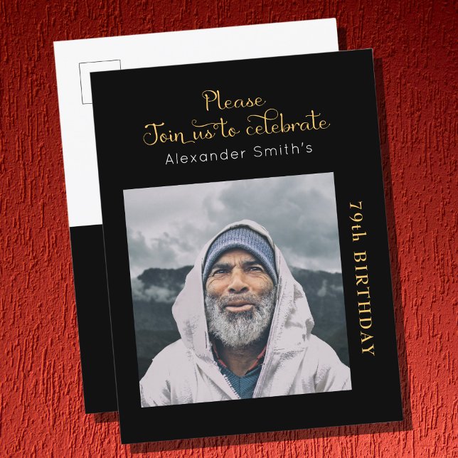 Cartão Postal De Convite Foto: aniversário do Dourado Script Preto (Criador carregado)