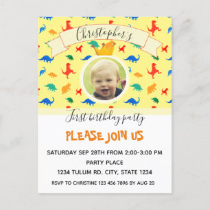 Cartão Postal De Convite Foto colorida do bebê primeiro aniversario Dinossa