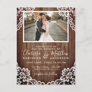 Cartão Postal De Convite Foto de Casamento Rústico de Madeira e Lace Clássi