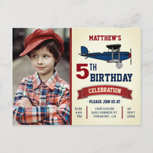 Cartão Postal De Convite Foto de Festa de aniversário do avião Vintage