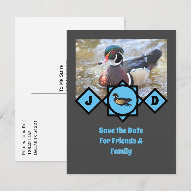 Cartão Postal De Convite Foto de Monograma de Pato de Madeira Adorável (Frente/Verso)