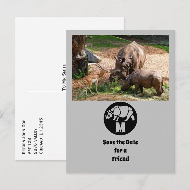 Cartão Postal De Convite Foto de Monograma do Unicorn Rhino Silhouette (Frente/Verso)