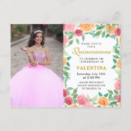 Cartão Postal De Convite Foto de Quinceanera Floral Elegante Watercolor