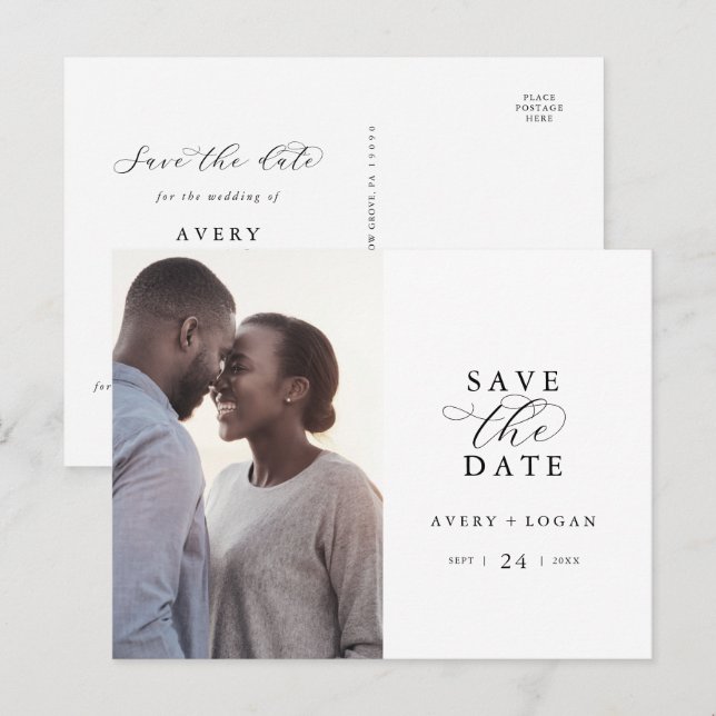 Cartão Postal De Convite Foto do Script Elegante Salvar a Data (Frente/Verso)