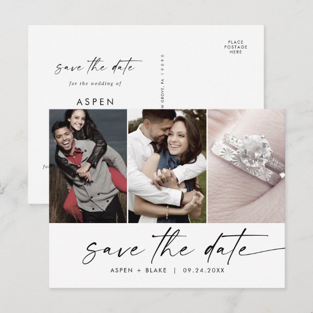 Cartão Postal De Convite Foto do Script Moderno 3 Salvar a Data (Frente/Verso)