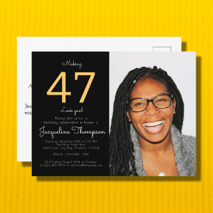 Cartão Postal De Convite Foto Dourada de Aniversário Preto