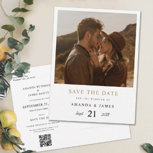 Cartão Postal De Convite Foto Dourada simples Elegante Casamento Salve a Da