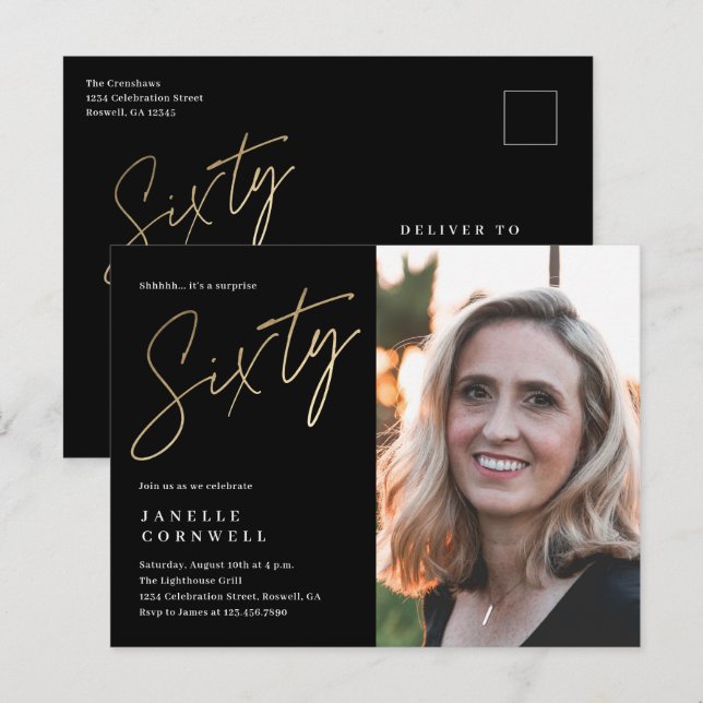 Cartão Postal De Convite Foto preta e Dourada do 60º aniversário moderno (Frente/Verso)