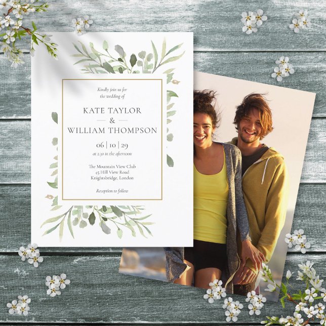 Cartão Postal De Convite Fotografia de casamento com folhas verdes (Greenery Leaves Wedding Photo Invitation Postcard)