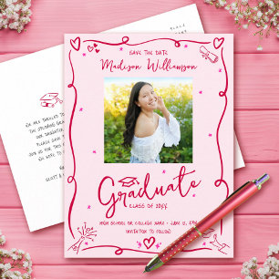 Cartão Postal De Convite Fotos de Formatura com Rabiscos Rosa e Vermelho pa
