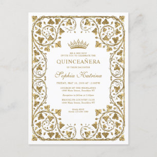Cartão Postal De Convite Frame Dourado Branco Moderno, Tiara Quinceanera