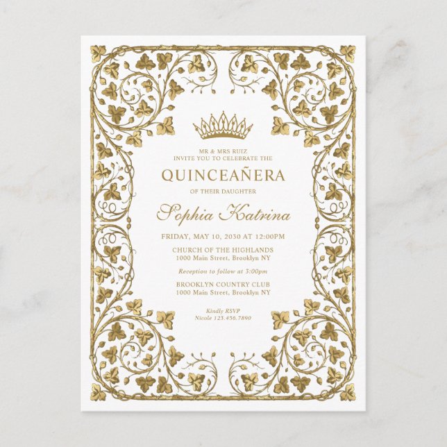 Cartão Postal De Convite Frame Dourado Branco Moderno, Tiara Quinceanera (Frente)