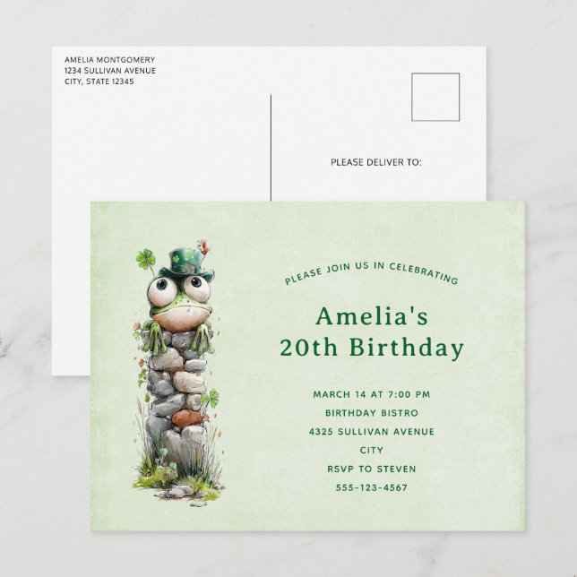 Cartão Postal De Convite Frog with Green Hat and Shamrock Cute Birthday (Frente/Verso)