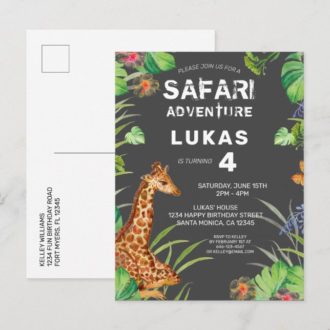 Cartão Postal De Convite Garotos Cons Selgle Safari Giraffe Aniversário (Frente/Verso)