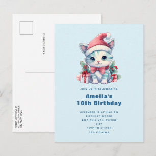 Cartão Postal De Convite Gatinho Fofo de Chapéu de Papai Noel Aniversário d
