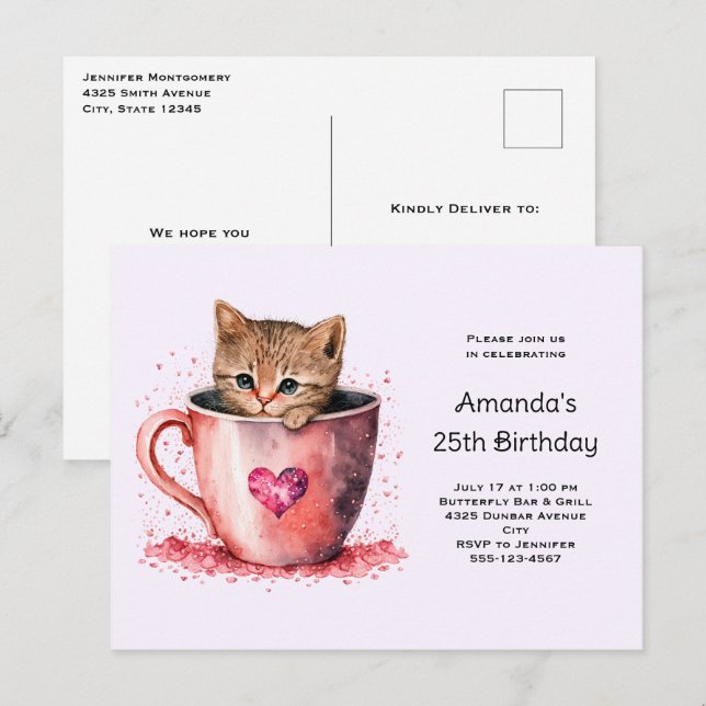 Cartão Postal De Convite Gatinho Fofo em Teacup com Corações Aniversário (Frente/Verso)