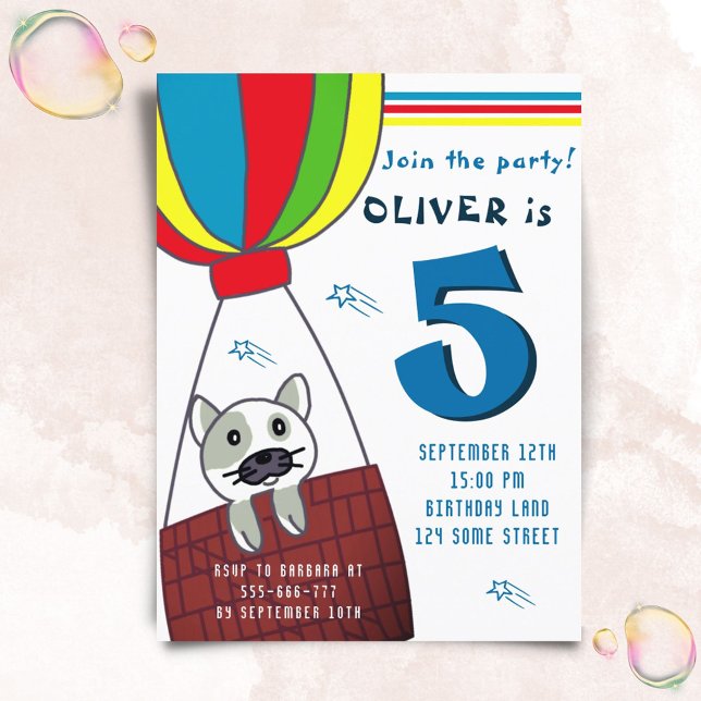 Cartão Postal De Convite Gato bonito no Aniversário do Garoto Balão de Ar Q (Criador carregado)